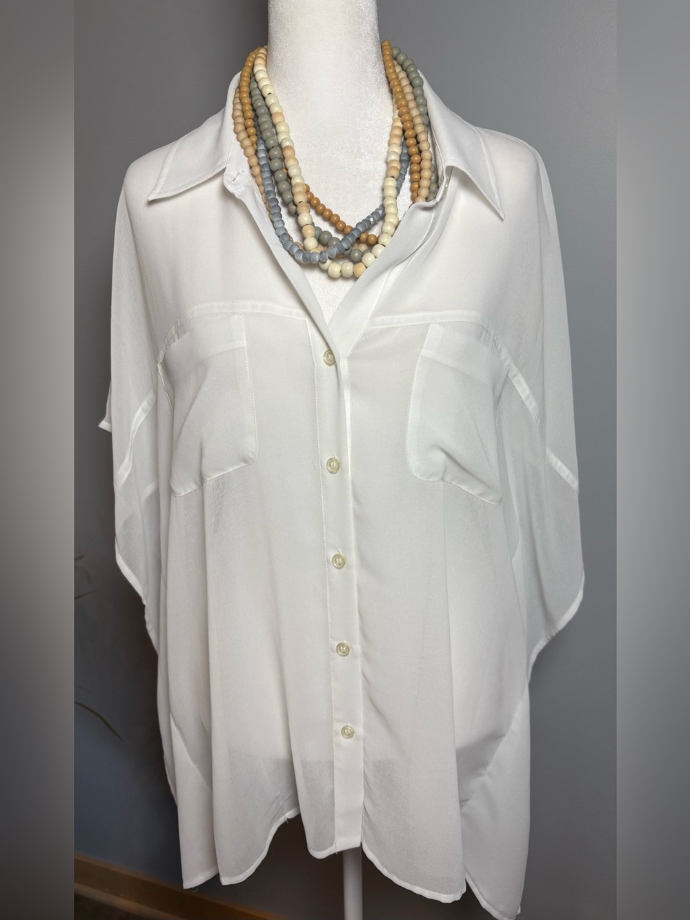 Ellen Tracy White Sheer Button Front Blouse Medium Dolman Sleeve Oversized Top